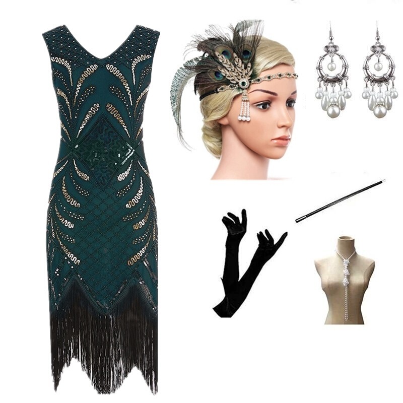 New Wish Export Hot Style 1920S Retro Dress Handmade Beaded Sequin Tassel Evening Dress Plus Size Skirt