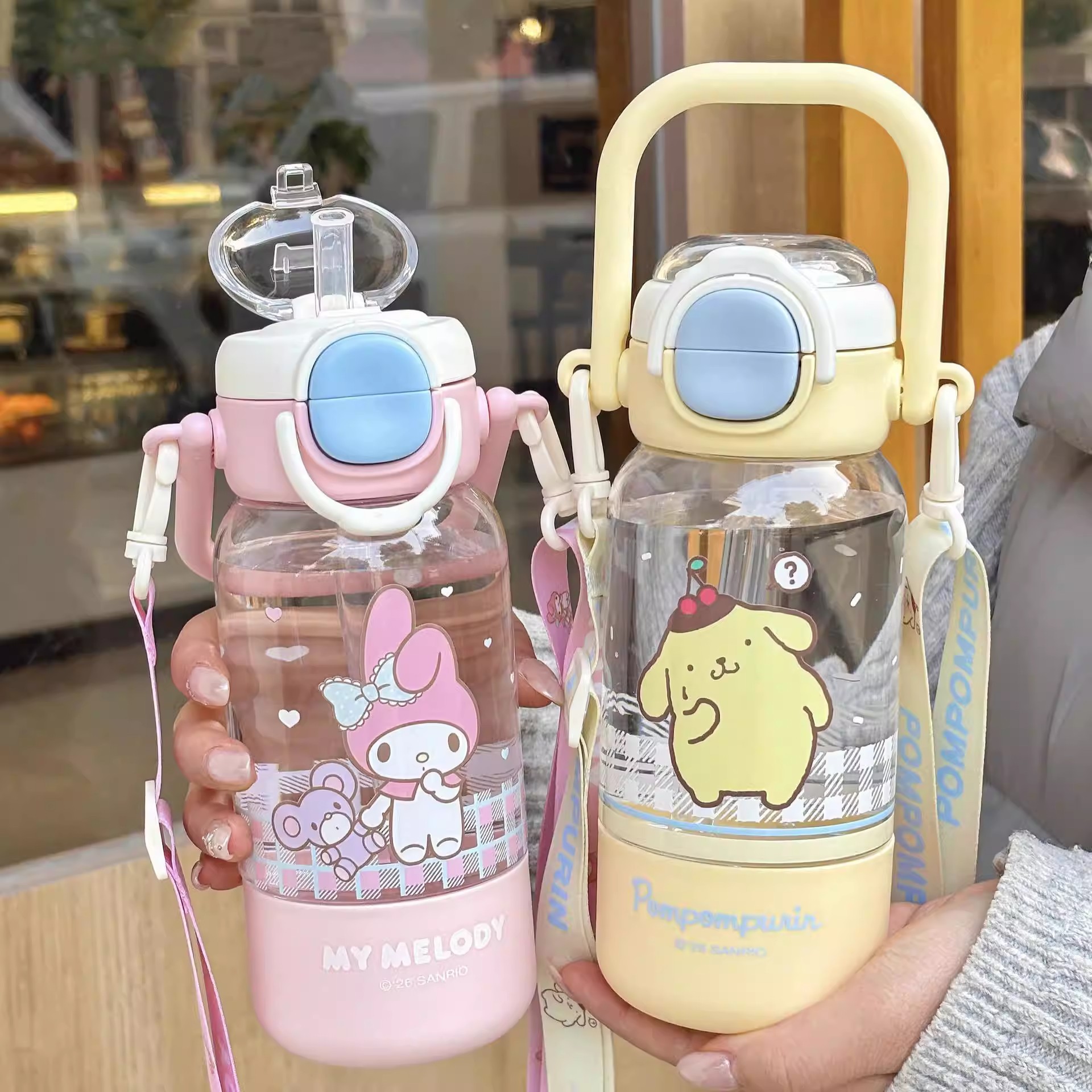 Sanrio familia de alto valor de caricatura encantadora taza Tritan estudiantes niños portátiles doble taza de agua de paja para mujeres