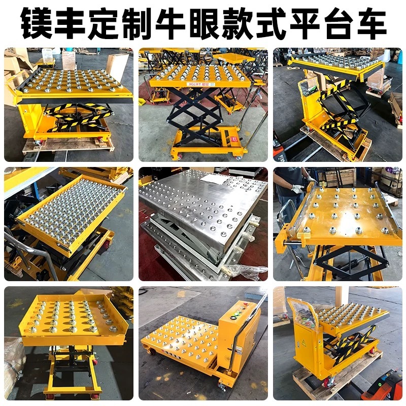 Roller-lift flatbed cart, scissor hydraulic lift, ball-bearing hand-pushed mold cart, manual lift platform cart
