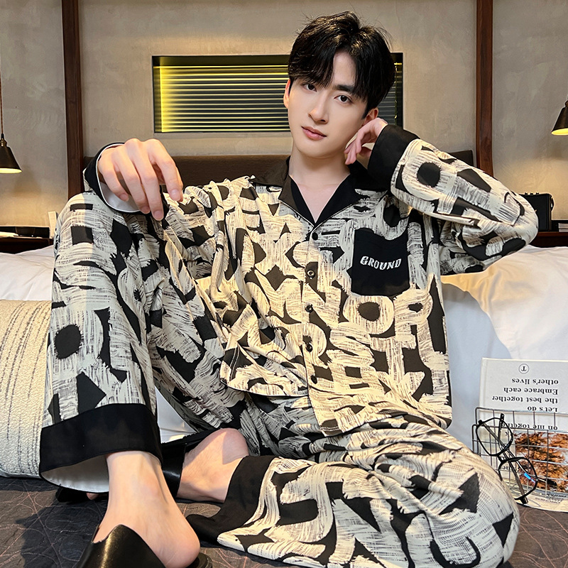 Men's Pajamas Spring and Autumn Cardigan Cartoon Cute Set Long-Sleeved Long Pants Can Be Worn Outside Home Clothes Internet Celebrity Hot Item in Stock