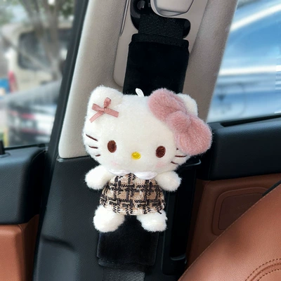 Car Seatbelt Shoulder Pads Are Comfortable: Seat belt shoulder pad - black-plush-shoulder-pads-plaid-skirt-kitty