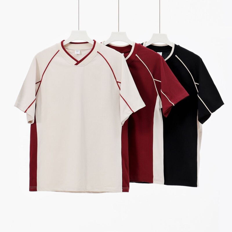 American Retro 260g Color-Blocked V-Neck Short-Sleeve T-Shirt for Men, Trendy Brand Loose Design Top, Cross-Border American Retro 260g Color-Blocked V-Neck Short-Sleeve T-Shirt for Men, Trendy Brand Loose Design Top, Cross-Border