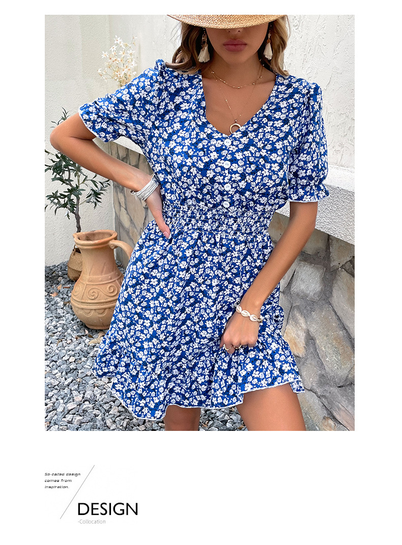 V-neck short Ruffled short sleeve Floral Dress NSDMB127413