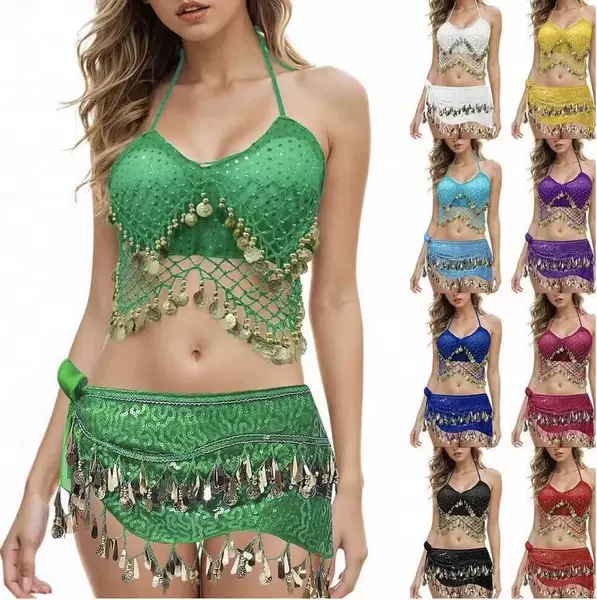 Belly Dance Costumes, Stage Performance Costumes, Halloween Sequin Tassel Skirt Suits, Bra Dance Costumes, Sequin Dance Costumes