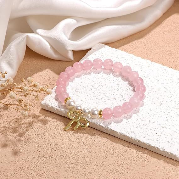 Cross-border Women's Bow Pendant Bracelet Pearl Powder Crystal Elastic Bracelet for Girlfriend's Birthday Gift