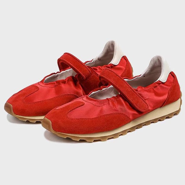 Red Mary Jane Shoes 2025 Spring and Summer Ballet Style Round Toe Velcro Casual Shoes Flats Sneakers for Women