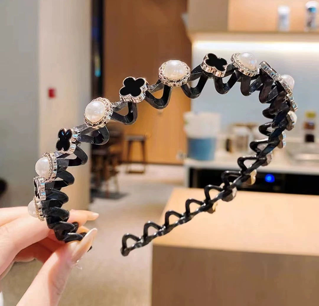 Повязка на голову/Стреп Hairgrip — жемчужная и цветочная волнистая заколка для волос, зажим для чёлки, assorted colors, 12 см