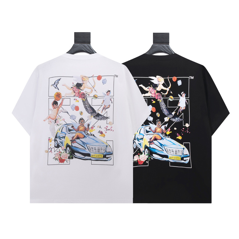 Cross-Border Summer New Off-White Heavyweight Angel Sports Car Arrow Print Pure Cotton Short-Sleeved T-Shirt for Men and Women