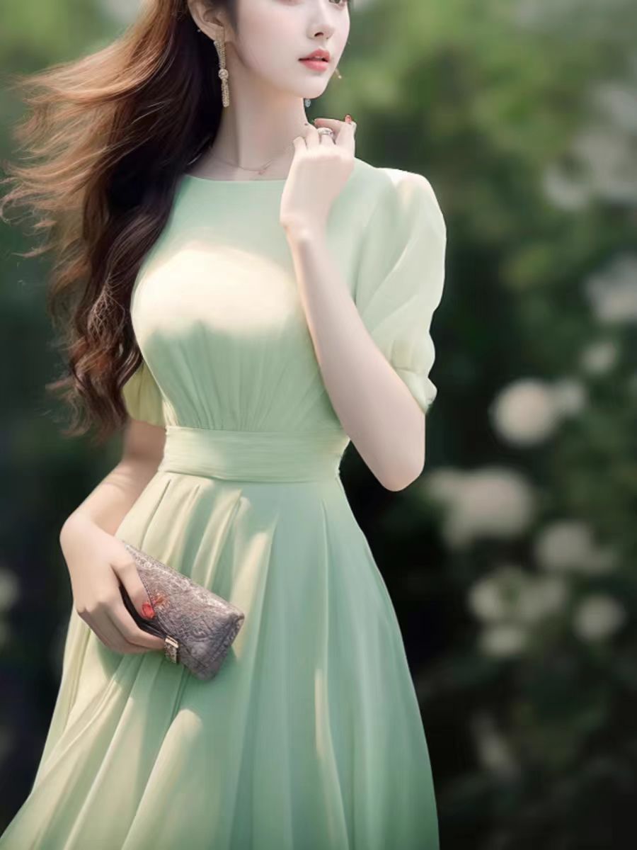 Váy dài ôm sát tinh tế cao cấp FL240245 phong cách Hepburn trắng mùa hè — Màu trắng, Màu xanh lá chi tiết 4