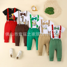 2025欧美热销亚马逊速卖通temu 童装恐龙生日印花背带裤 短袖长裤