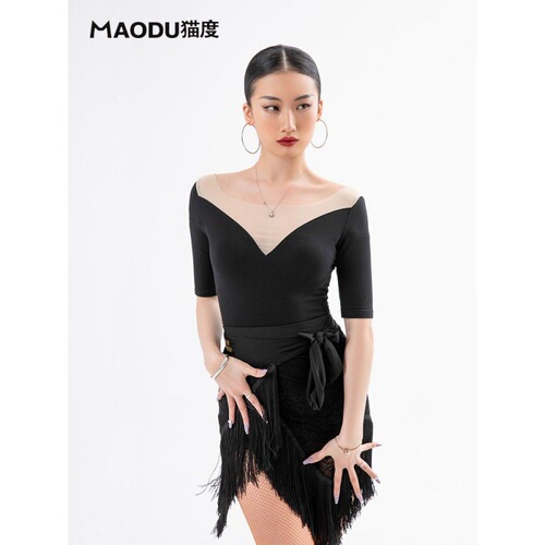 Cha Cha Latin dance top long-sleeved V-neck female adult new practice clothes dance training clothes dance mesh splicing