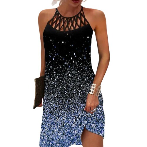 Round collar female hanging sleeveless collar neck summer European and American new style hollow dress slim print