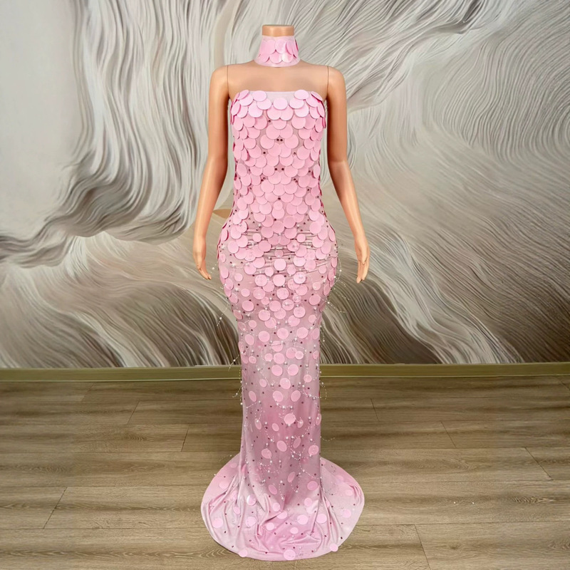 New Style Evening Singer Performance Outfit with Shiny Rhinestones, Sexy Mesh Hollow-Out Bodycon Dress Party Dress