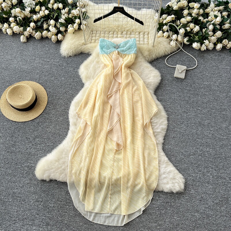 Gentle Style Niche Sequin Color Matching Halterneck Suspender Irregular Dress Women's Summer French Holiday Backless Long Dress Gentle Style Niche Sequin Color Matching Halterneck Suspender Irregular Dress Women's Summer French Holiday Backless Long Dress