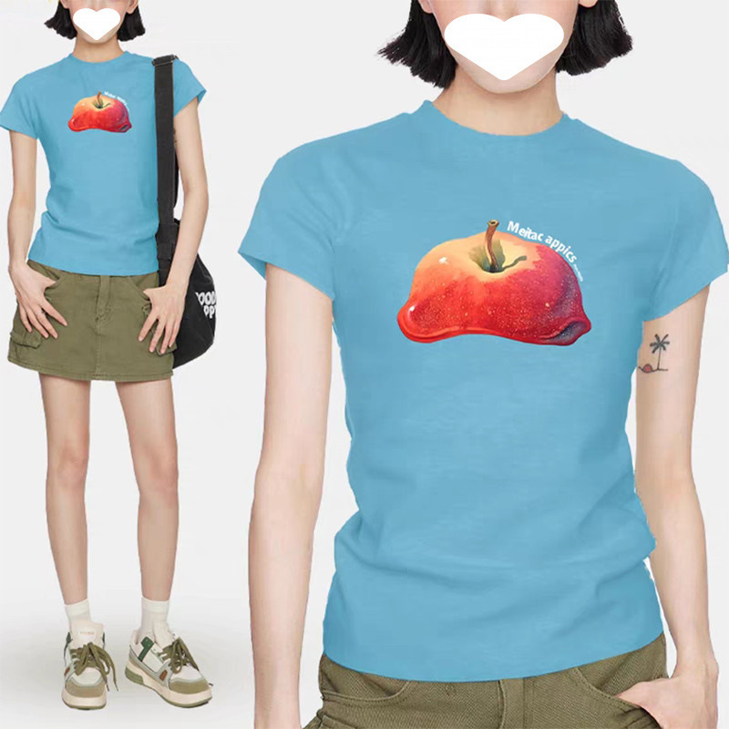 コットンショルダーアップルプリントスリム半袖Tシャツ2025新しい夏シックなスリムカジュアルイントップトレンディ|undefined