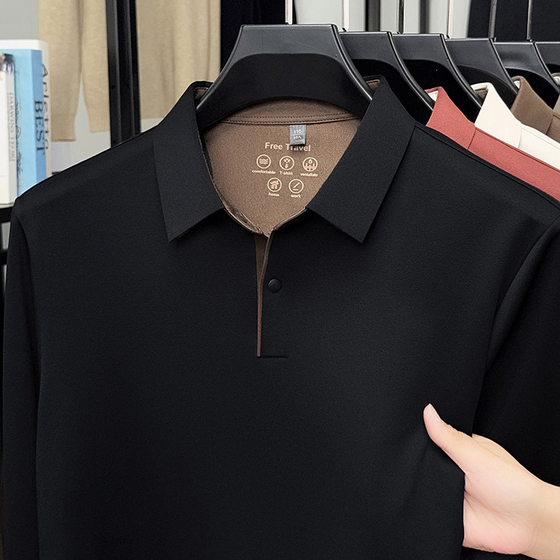 跨境春秋新款无痕长袖T恤男士高品质时尚百搭纯色翻领polo衫代发|undefined