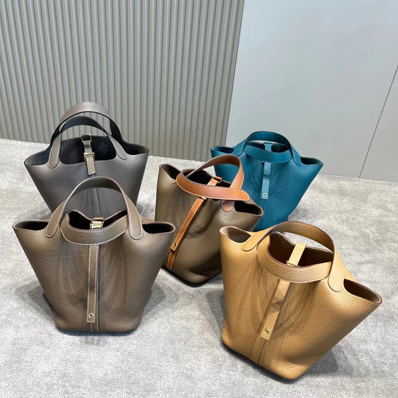 High-End Quality Bag Handmade Wax Thread Tc Cowhide 18/22cm Vegetable Basket Bag 2023 New Satchel Bucket Bag