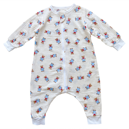 Children's one-piece spring and summer pjs pure cotton thin gauze sleeping bag for boys and girls, baby cotton gauze crawl suit