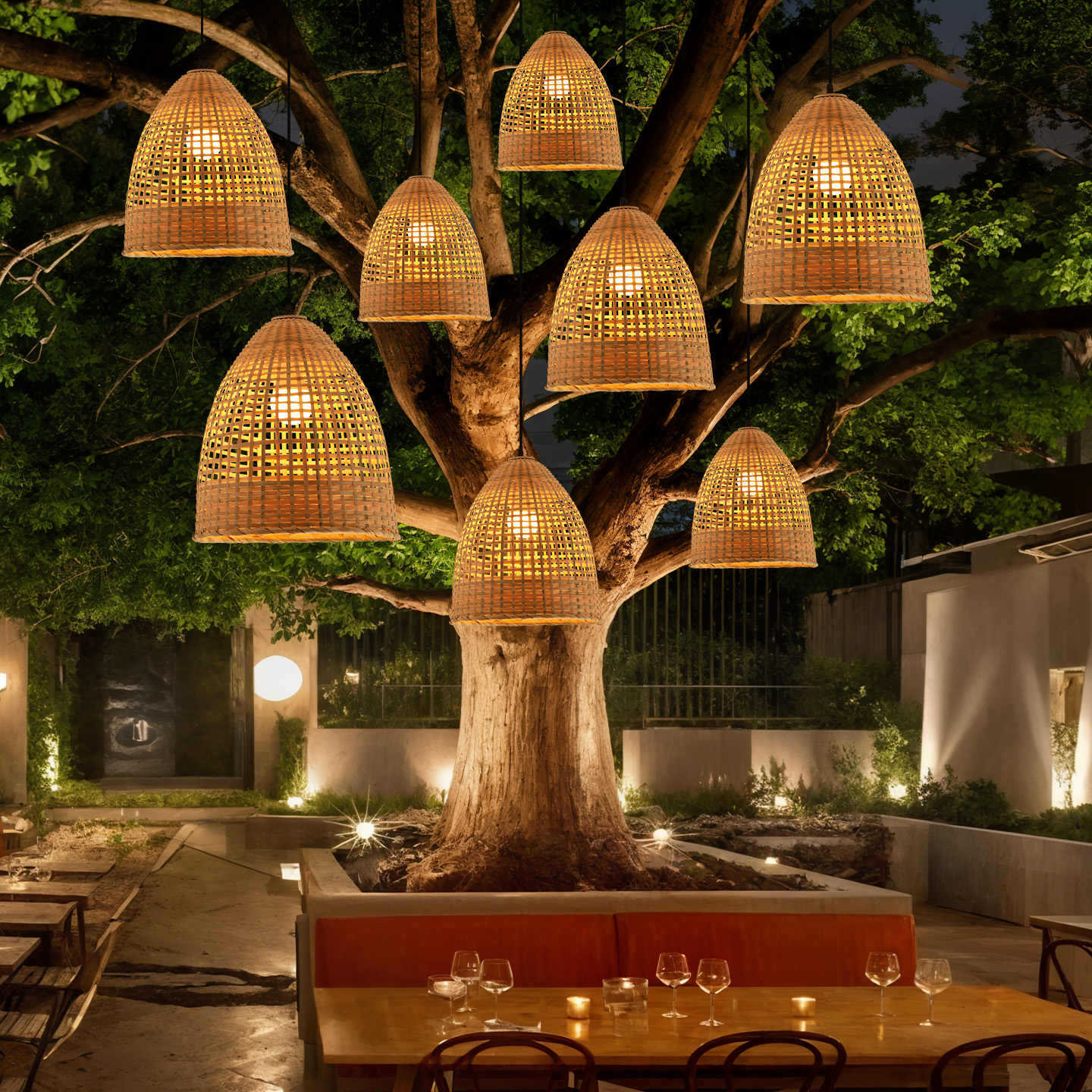Chinese Zen Bamboo Chandelier Outdoor Courtyard Bamboo Lantern Restaurant B&B Decoration Waterproof Landscape Hanging Tree Lamp