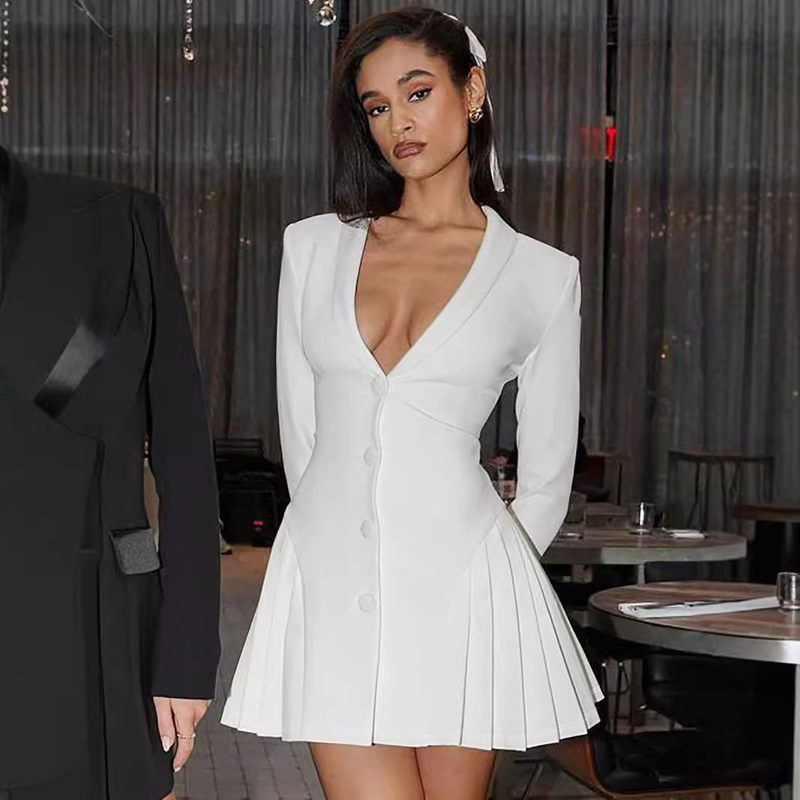 Cross-border Amazon European and American Women's Autumn and Winter Explosions Solid Color Long Sleeve Pleated Sexy Deep V-Neck Suit dress Women Cross-border Amazon European and American Women's Autumn and Winter Explosions Solid Color Long Sleeve Pleated Sexy Deep V-Neck Suit dress Women