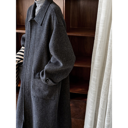 Luxe Wool Blazer with Zipper, Double-Faced Wool, Women's Silhouette with Double Pockets, Long Warm Coat 5092