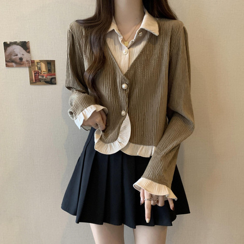 Design-sensitive corduroy long-sleeved women's shirt autumn winter plus size thick-fitting slimming short-length two-piece Maillard top