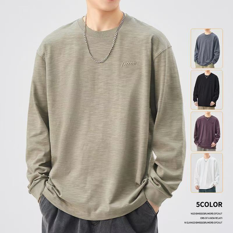 竹节棉长袖t恤男春秋季宽松全棉上衣2025新款潮流体恤纯棉打底衫