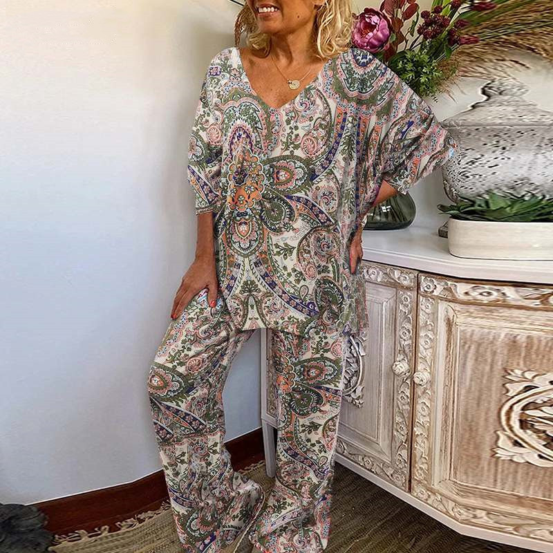 Ensemble haut fleuri à col en V pour femme, pantalon ample à taille élastique, manches longues, style bohème élégant, idéal pour le printemps_voghion.com