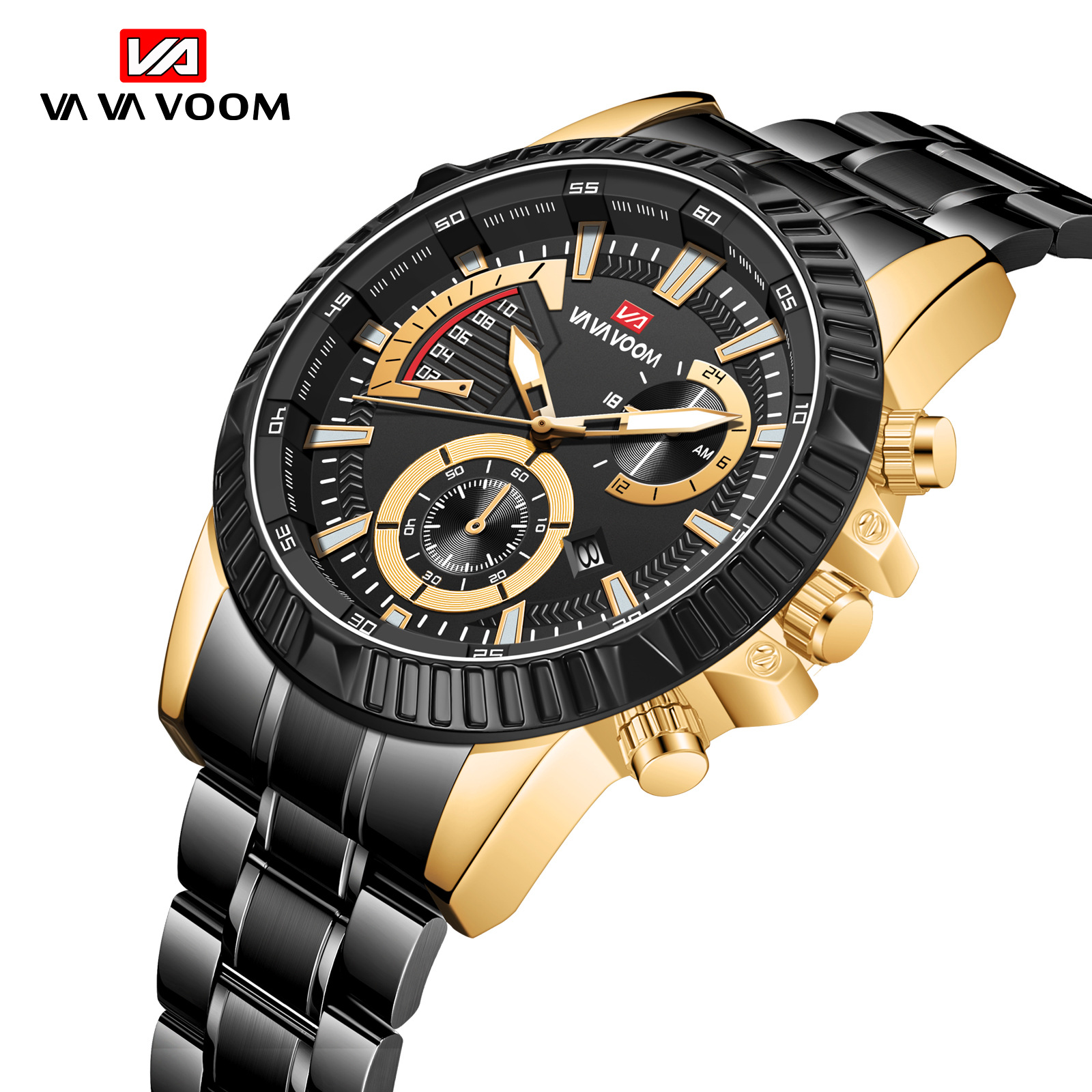 VAVA VOOM 2361 nuevo calendario de negocios casual falso movimiento de cuarzo de tres ojos reloj de correa de acero para hombres