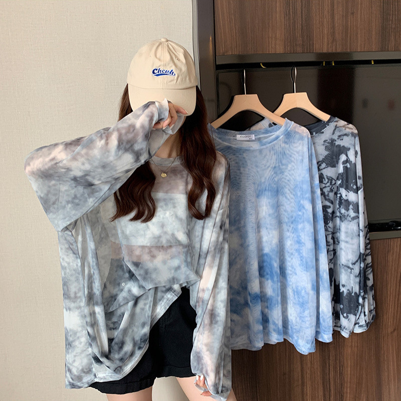 2025 Tie-Dye Mesh Sun Protection Top Women's Ice Silk Thin See-Through Long-Sleeved T-Shirt Blouse