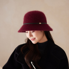 新款皮带兔毛圆顶盆帽女秋冬季纯色复古文艺保暖渔夫帽子厂家批发
