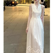 法式夏季收腰显瘦气质V领连衣裙女装2024新款清纯白色无袖长裙子