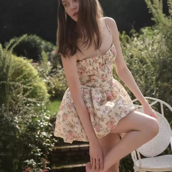Sweet Print V-Neck Pleated Lace-Up Slim-Fit dress Women's Summer High Waist Pleated Tutu Princess Skirt