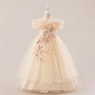 Amazon Children's Dress One-Shoulder Fluffy Princess Dress Girl Wedding Dress Banquet Piano Performance Dress Party Dress
