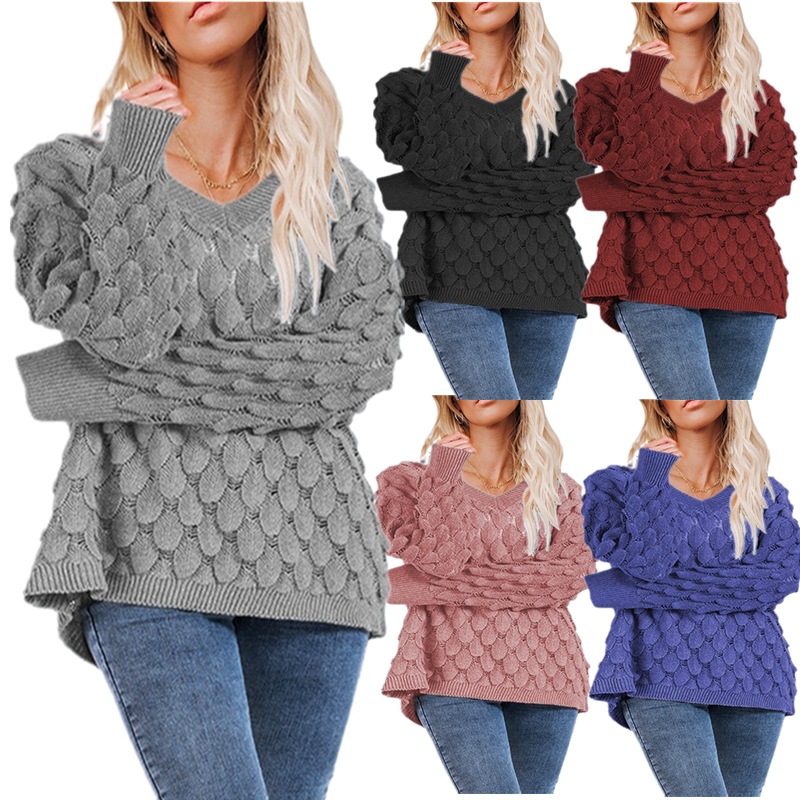 Europeo y americano invierno nuevo suéter de punto de pluma hueco cuello en V manga larga suéter femenino ventas directas de fábrica