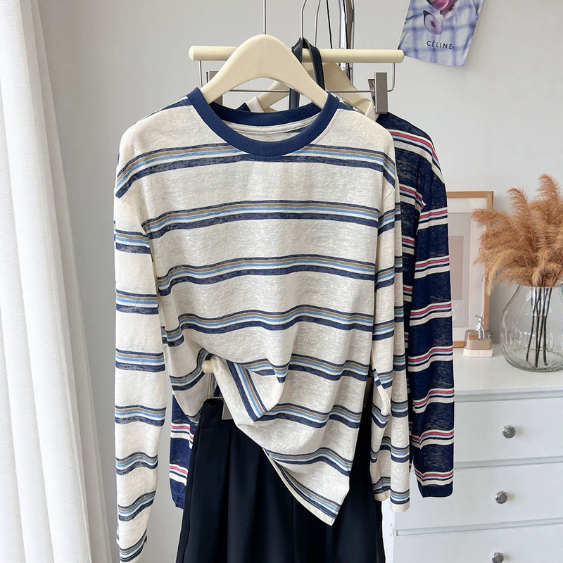 Relaxed Vibe~ Retro Lightweight Color-Blocked Striped Sun Protection Shirt for Women! Summer Loose-Fitting Slimming Casual Long-Sleeve T-Shirt