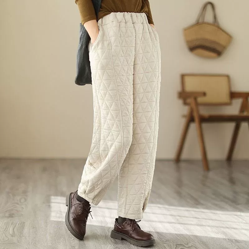 Japanese retro quilted warm trousers with diamond pattern, oversize