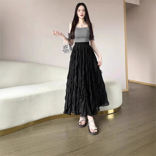 Cross-border white elastic waist A-line women's summer 2025 new high-waist casual temperament long dress trendy