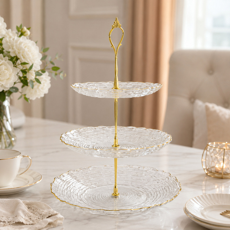 Direct from the factory, light luxury gold-rimmed three-tier glass dessert stand, European-style afternoon tea fruit plate, dessert table cake tray Direct from the factory, light luxury gold-rimmed three-tier glass dessert stand, European-style afternoon tea fruit plate, dessert table cake tray