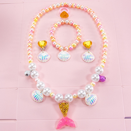Children's jewelry pearl necklace bracelet ring seashell mermaid tail fairy pendant set
