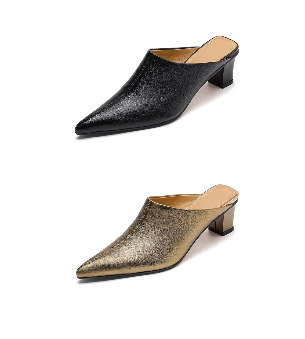 Dép mule nữ da cừu mũi nhọn cao gót 5 cm – sandal hè dáng suông — đen, vàng chi tiết 18