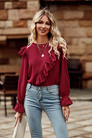 Women's Blouse Long Sleeve Blouses Lettuce Trim Fashion Solid Color display picture 10