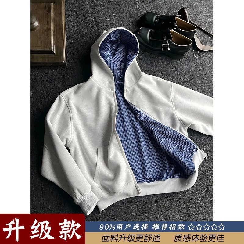 花灰miu系双面穿卫衣男秋季cleanfit蓝格纹拉链连帽开衫外套|undefined