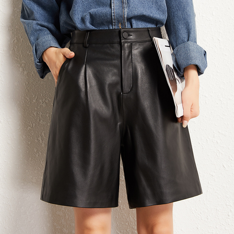 Genuine Leather Mid-Length Pants for Women 2026 Spring and Autumn New Style Sheepskin High-Waisted A-Line Wide-Leg Pants Casual Versatile Boot Pants Five-Point Pants