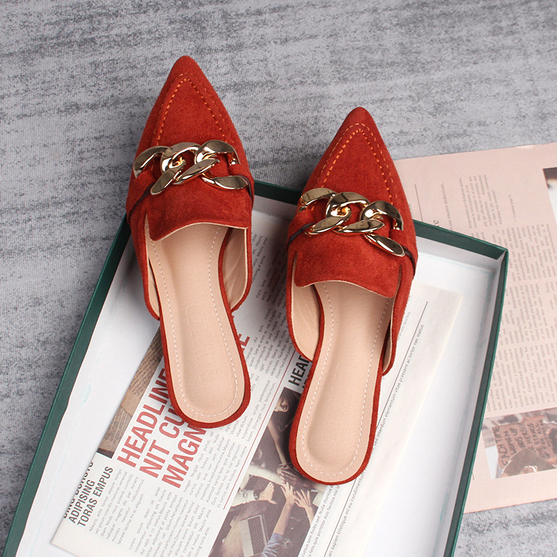 Flat half slippers women's spring and autumn new pointed metal chain Muller shoes 41-43 foreign trade shoes wholesale_voghion.com
