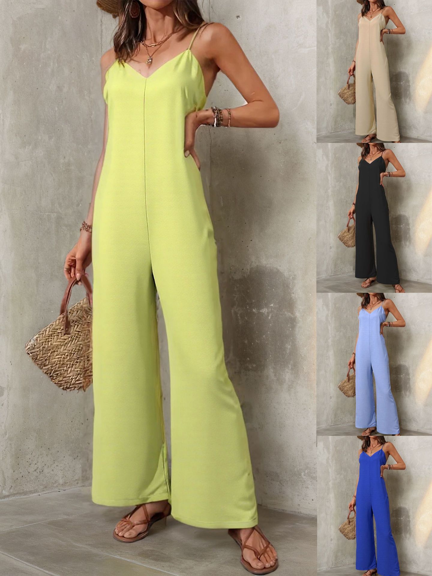 Monos de tirantes de moda europea y americana transfronterizos, elegantes pantalones de pierna recta sueltos de color sólido, monos casuales, nuevos productos 2025