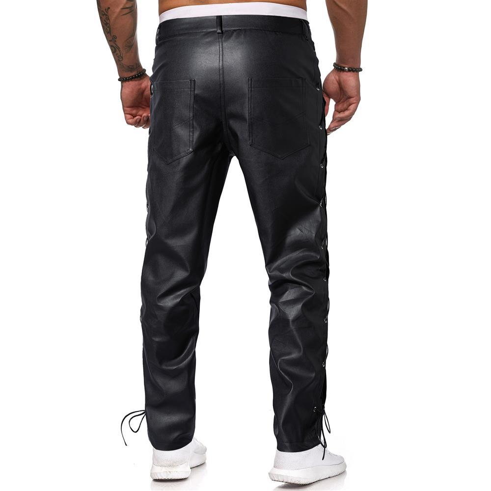 Pantalon en cuir décontracté de grande taille pour hommes avec sangle en PU de couleur unie 2024_voghion.com