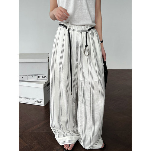 Women's Summer New Casual Loose Trousers with Belt, Relaxed Wide Leg, 1899, in Linen and Hemp Fabric with Stripe and Stretch Waist