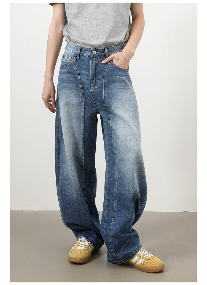 Quần jeans nam dáng thẳng rộng phối màu phong cách retro — màu xanh, màu xám đen chi tiết 9