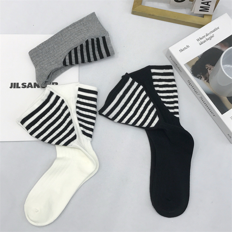 Korean Style Stitching Wide Mouth Trendy Socks Striped Fashionable Distinctive Summer Thin Cotton Socks ins Niche Stacked Socks